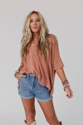 On The Go V-Neck Ribbed Essential Tee in Sepia