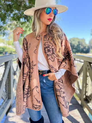 Camel Elegant Floral Print Cape Shawl Ruana Cardigan