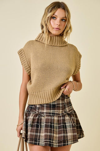 Sleeveless Cropped Turtleneck Knit Sweater Top