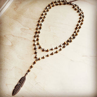 Double Strand Lariat Picture Jasper Necklace w/ Feather
