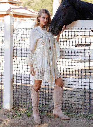 Western Boho Chic Motif Emb Denim Long Shrug