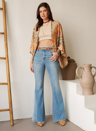 Denim Patchwork Kaftan Poncho With Frayed Raw Edge