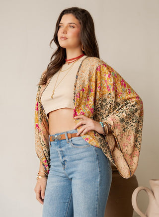 Denim Patchwork Kaftan Poncho With Frayed Raw Edge