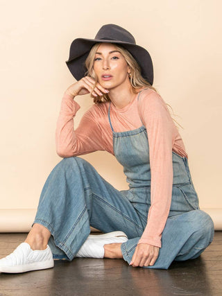 Vintage Washed Denim Wide Leg Overall Jumpsuit with Pockets