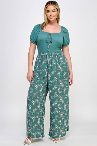 Plus Smocked Floral Print Jumpsuit