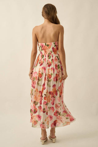 Floral-Print Mesh Smocked Strapless Maxi Dress