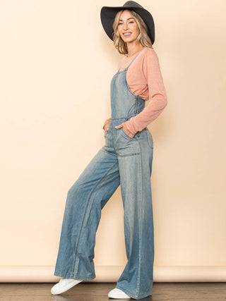 Vintage Washed Denim Wide Leg Overall Jumpsuit with Pockets