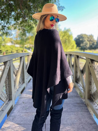 Classic Black Knit Ruana – Ribbed Cape with Button Detail