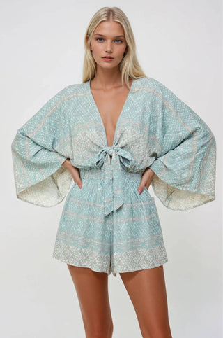 Saguaro Bloom Seafoam Batwing Paisley Print Romper