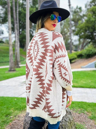 Brown Open Front Aztec Printed Knitted Cardigan