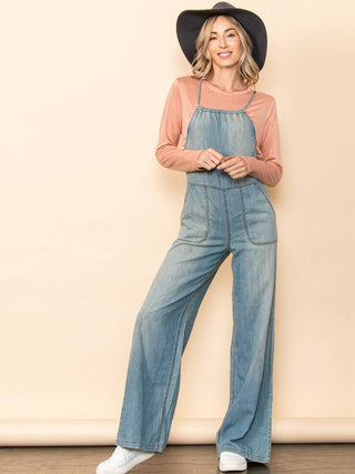 Vintage Washed Denim Wide Leg Overall Jumpsuit with Pockets