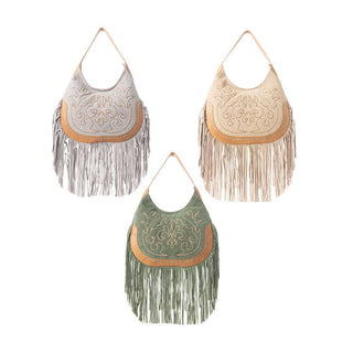 Sage Whisper Fringe Leather Bag in Pearl White