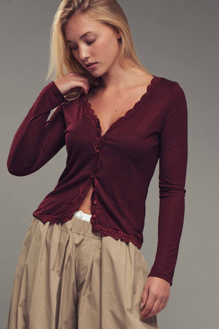 Lace Trim Button-Front Ribbed Knit Top