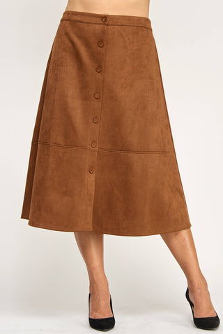 Plus Size Button-Front Faux Suede A-Line Midi Skirt