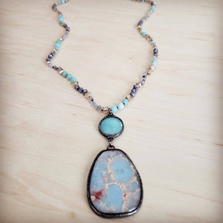 Amazonite & Crystal Long Beaded Necklace w/ Large Jasper Pendant