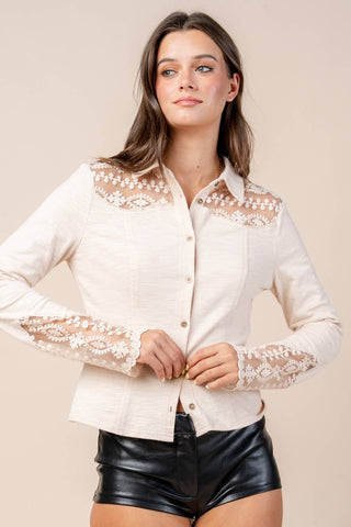 Oatmeal Lace Yoke Button-Down Knit Top
