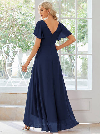 V Neck High Low Ruffles Chiffon Bridesmaid Dress