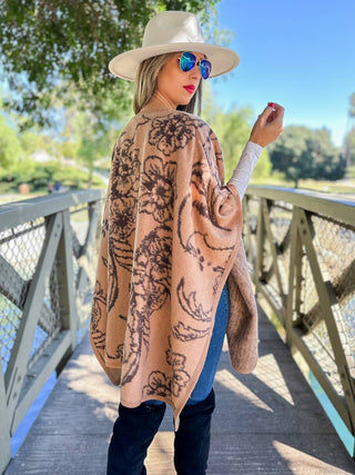 Camel Elegant Floral Print Cape Shawl Ruana Cardigan