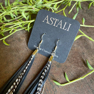 Leather & Feather Long Earrings - Black & Grizzly / Silver