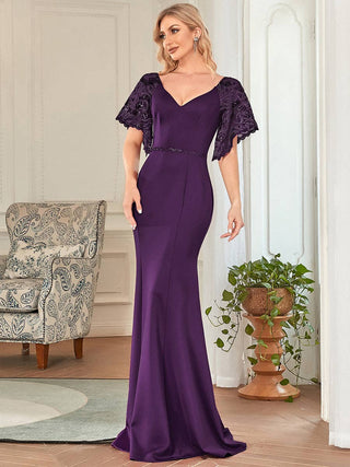 Maxi V Neck Party Dress with Flare Sleeves