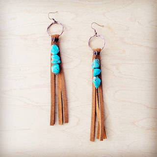Leather Fringe Earrings with Turquoise Chunks
