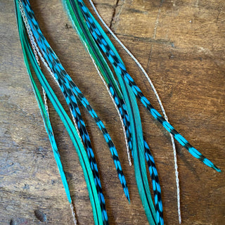 Mini Feather Earrings - Green & Turquoise Grizzly / Silver