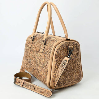 Hand-Tooled Leather Duffel Bag with Floral Carving | Laciann Collective
