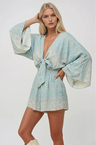 Saguaro Bloom Seafoam Batwing Paisley Print Romper