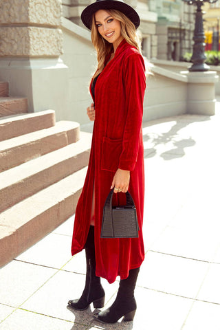 Velvet Open Front Pocketed Long Duster