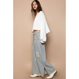 Pol Clothing Distressed Stripe Denim Wide-Leg Jeans