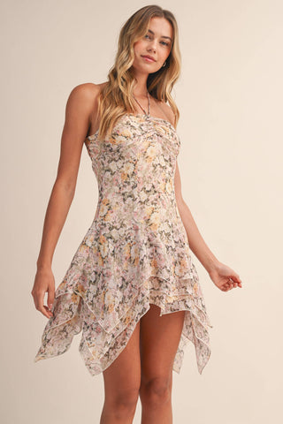 Floral Chiffon Ruched Bodice Handkerchief Hem Mini Dress | Laciann Collective