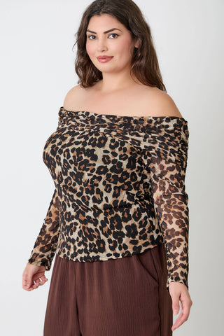 Plus Size Leopard Print Off-the-Shoulder Blouse