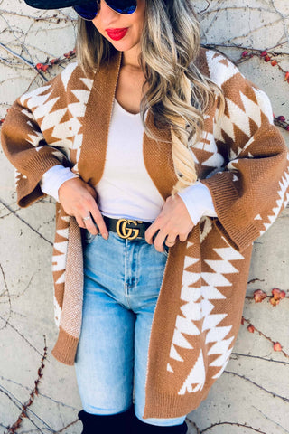 Caramel Open Front Aztec Printed Knitted Cardigan