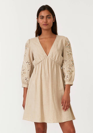Embroidered 3/4 Sleeve V-Neck Mini Dress