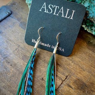 Mini Feather Earrings - Green & Turquoise Grizzly / Silver