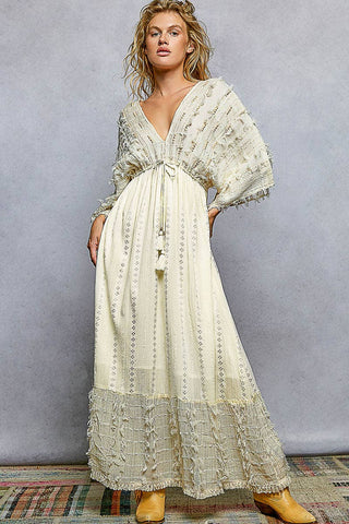 V-Neck Wood Bead Tassel Tie Linen Maxi Dress - Natural