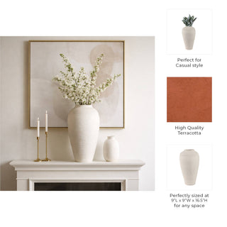 Ivory Terracotta Round Ribbed Floor Vase, 16 in.