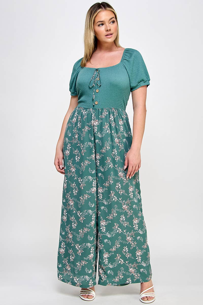 Plus Smocked Floral Print Jumpsuit