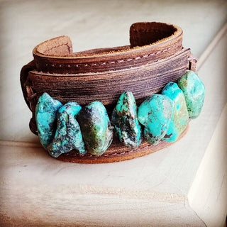 Genuine Leather Wide Cuff Bracelet w/ Large Natural Turquoise Chunks