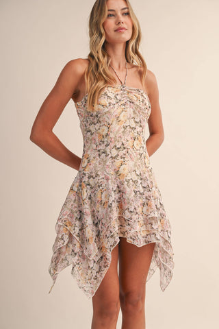 Floral Chiffon Ruched Bodice Handkerchief Hem Mini Dress | Laciann Collective
