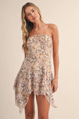 Floral Chiffon Ruched Bodice Handkerchief Hem Mini Dress | Laciann Collective