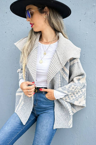 Grey Aztec Pattern Dolman Sleeve Open Front Knit Cardigan