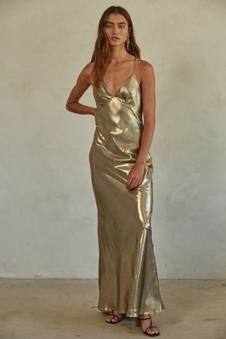 Woven Polyester Plunged V-Neck Maxi Dress