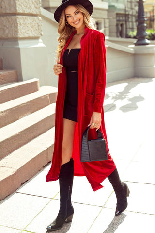 Velvet Open Front Pocketed Long Duster