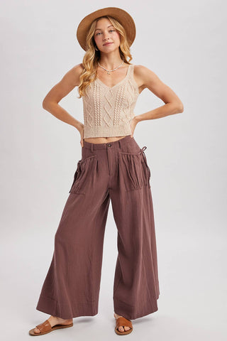 Drawstring Patch Pockets Wide Leg Pants