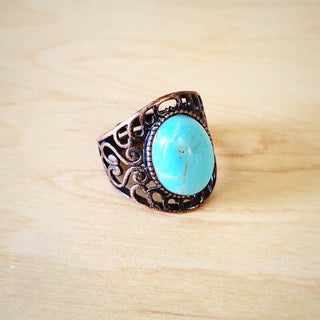 Blue Turquoise Antique Copper Filigree Adjustable Ring