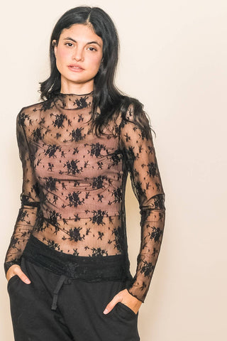 Lace Mock Neck Long Sleeve Floral Embroidered Layering Top