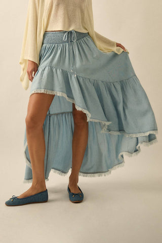 Tencel Denim High-Low Ruffle Maxi Skirt