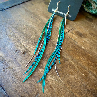 Mini Feather Earrings - Green & Turquoise Grizzly / Silver