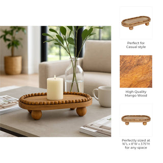 Mango Wood Decorative Tray with Beaded Ball Feet, 16 in.